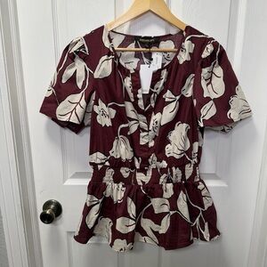 Sugarlips Burgundy Floral Peplum Blouse Smocked Waist Flutter Sleeve Large NWT
